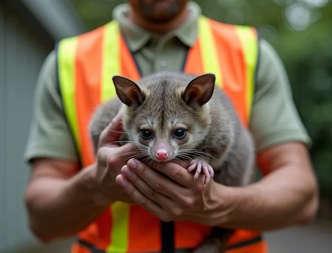Animal handler safely recovering a deceased possum in Hadfield