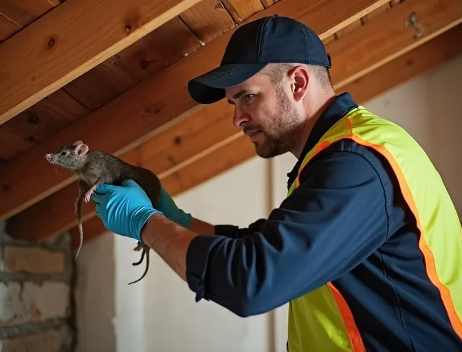 Technician inspecting a roof cavity for a dead rat in Hadfield